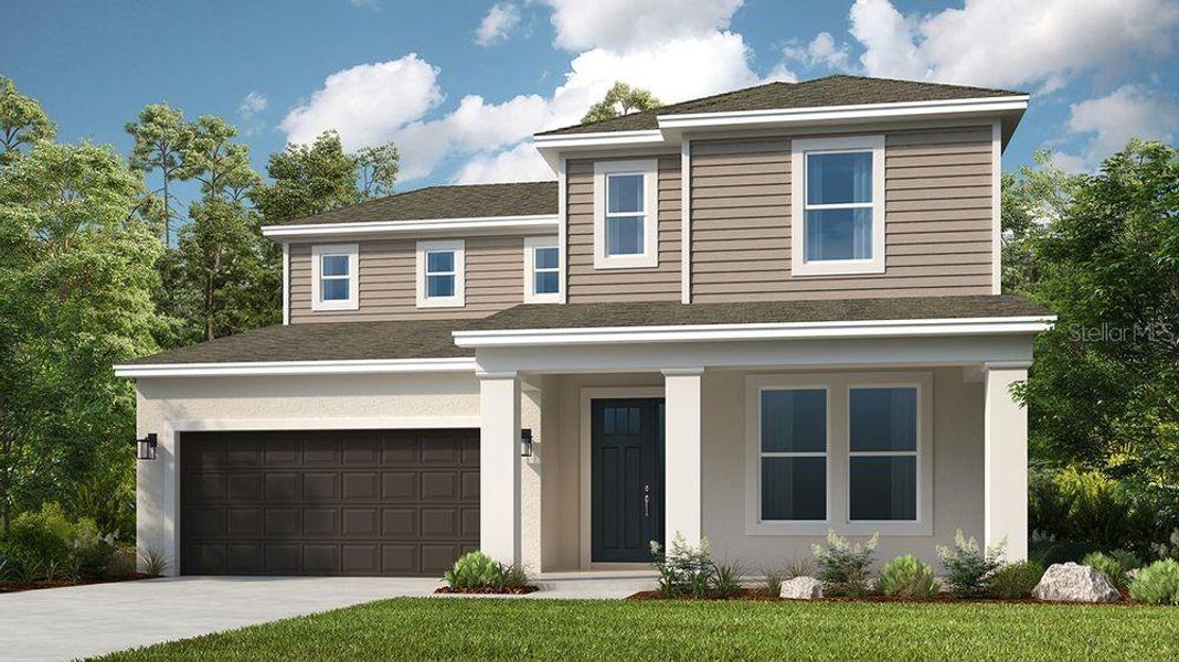 Front exterior of a new home in Indigo Creek, Apollo Beach, FL, highlighting curb appeal (Image 1).