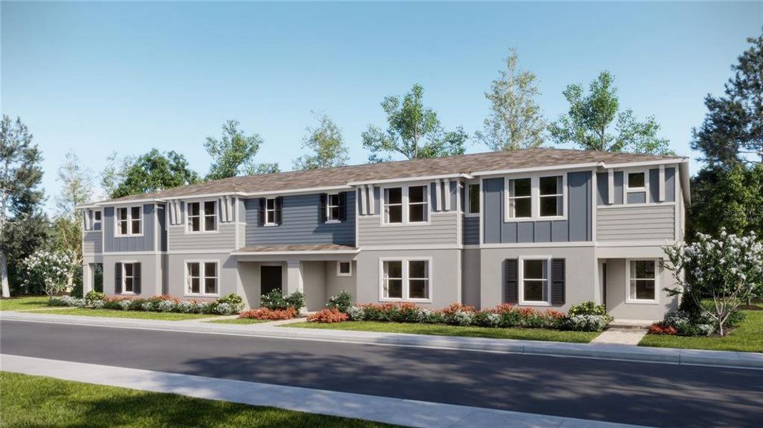 Front exterior of a new home in The Glades at Crossprairie: Trail Townhomes, St. Cloud, FL, highlighting curb appeal (Image 1). Front exterior of a new home in The Glades at Crossprairie: Trail Townhomes, St. Cloud, FL, highlighting curb appeal (Image 1).