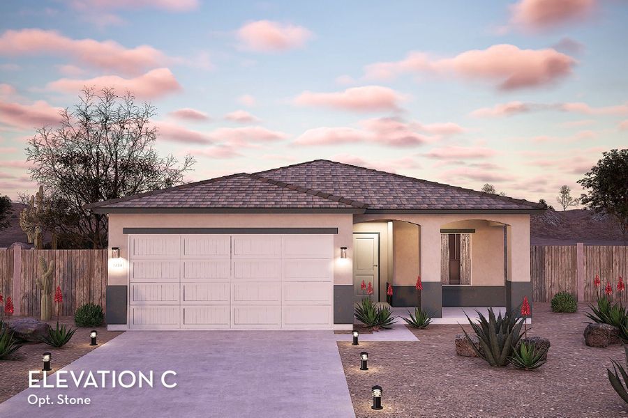 Representative exterior photo of a completed home built from the Aztec by CastleRock Communities in Hayden Estates, Buckeye, AZ (Image 6). Representative exterior photo of a completed home built from the Aztec by CastleRock Communities in Hayden Estates, Buckeye, AZ (Image 6).
