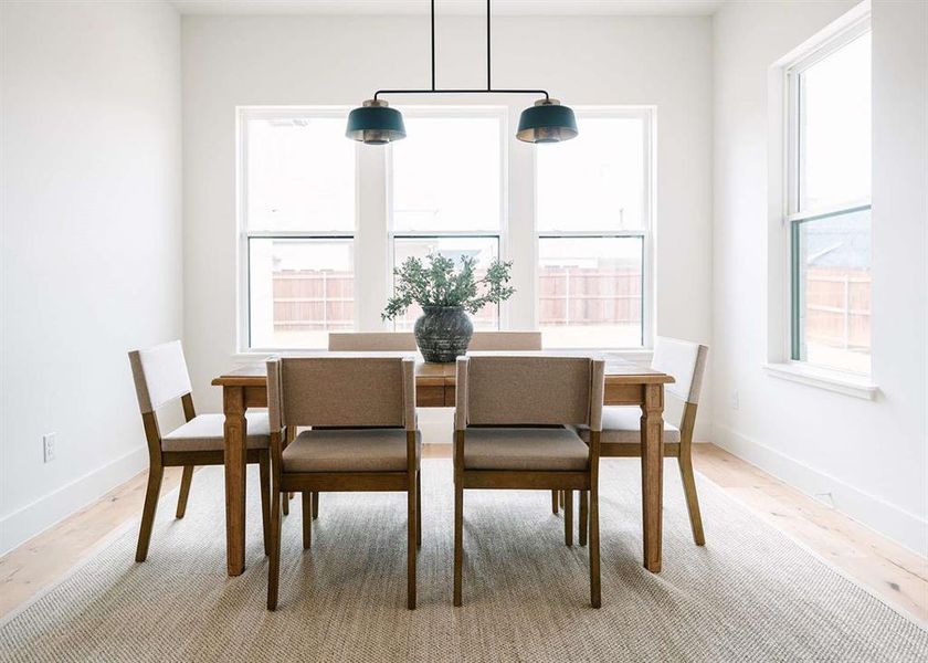 Dining room with light wood-type flooring and a healthy amount of sunlight