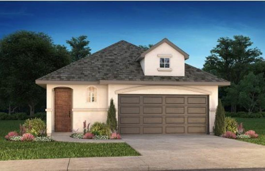 Front exterior of a new home in Woodhavyn 40', Magnolia, TX, highlighting curb appeal (Image 1).