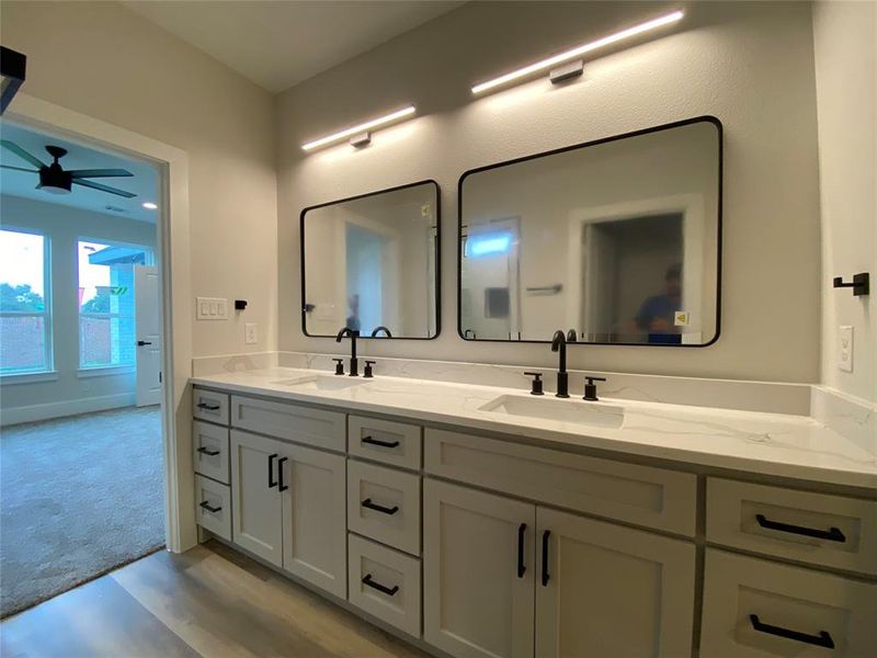 Bathroom with hardwood / wood-style floors, ceiling fan, and vanity