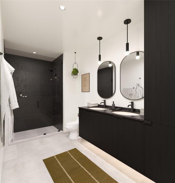 A sleek bathroom with matte black cabinetry, white walls, textured tile, and a spa-like shower w/ extended shower shelf for ample storage.