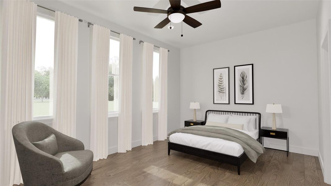 The master bedroom has three windows that face the private backyard.