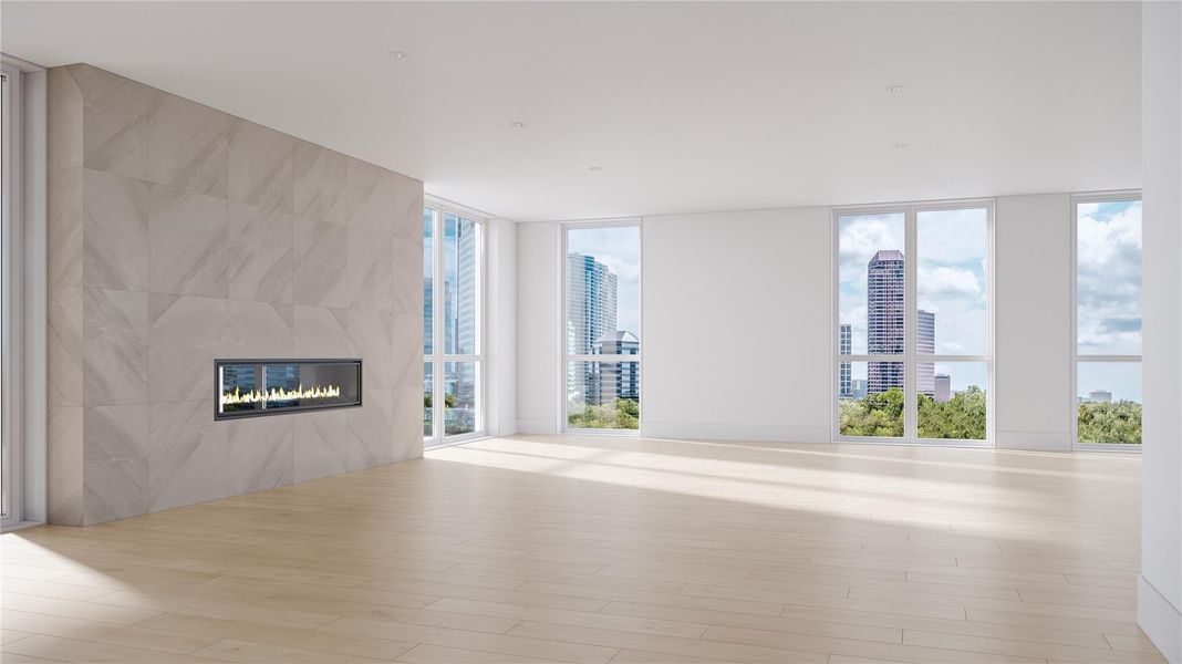 Artist Rendition detailing another perspective of the homes Kitchen that opens the homes living & dining areas. The kitchen is replete with top tier Thermador appliances (all paneled of course). Waterfall edge stone finishes & custom designed Eggersmann cabinetry throughout married by the European Oak flooring.