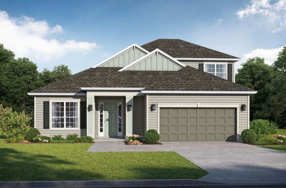 Representative exterior photo of a completed home built from the Almeria II by SEDA New Homes in Sandy Ridge, Yulee, FL (Image 1). Representative exterior photo of a completed home built from the Almeria II by SEDA New Homes in Sandy Ridge, Yulee, FL (Image 1).