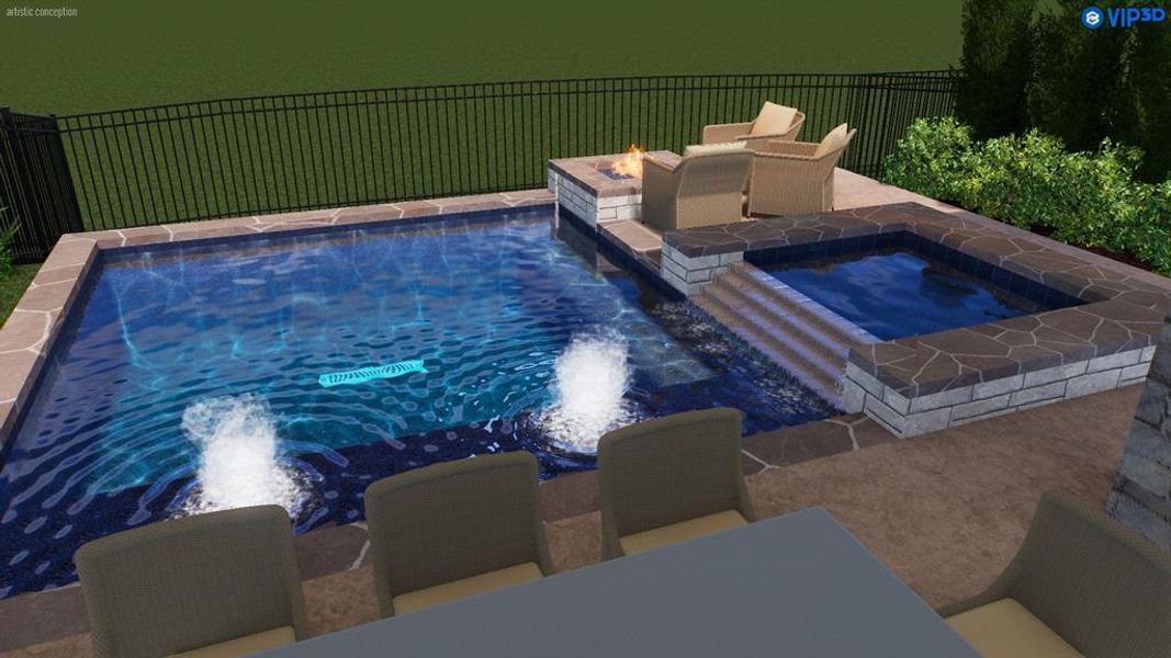 This rendering showcases a pool option that can be added. The spacious lot offers plenty of room to create your own private backyard retreat.