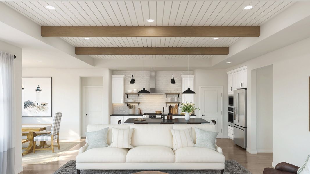 Ceiling with shiplap and stained ceiling beams