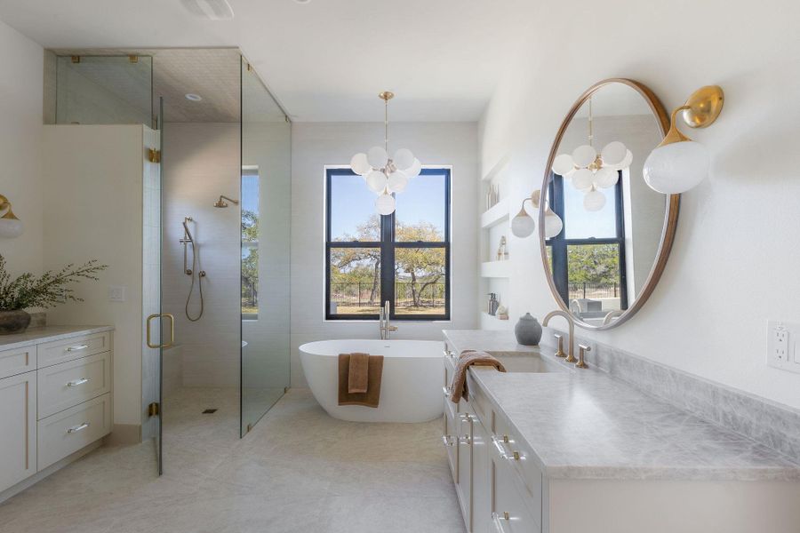 Luxury main bedroom bathroom. Double vanities, soaking tub, walk-in shower