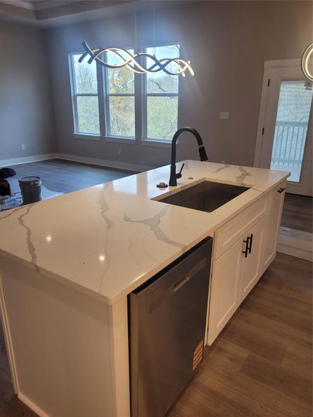 Kitchen featuring dark wood-style flooring, hanging light fixtures, and a kitchen island with sink