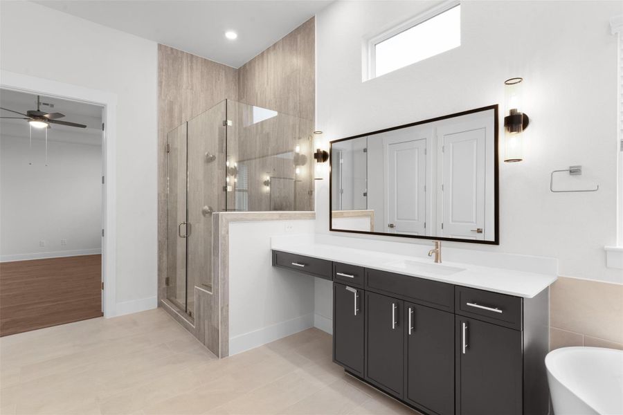 Full bath featuring a shower stall, a soaking tub, vanity, a closet, and a ceiling fan