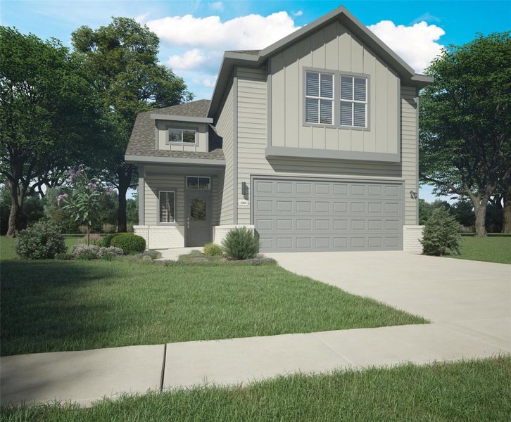 Front exterior of a new home in Trinity Ranch, Elgin, TX, highlighting curb appeal (Image 22).