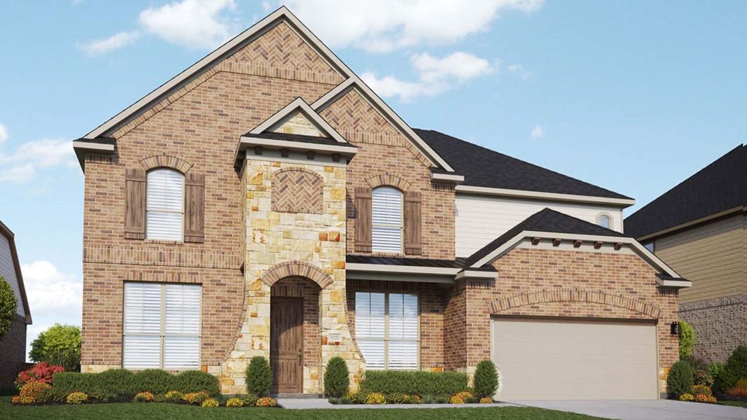 Representative exterior photo of a completed home built from the Brown by DRB Homes in Oaks at San Gabriel, Georgetown, TX (Image 2). Representative exterior photo of a completed home built from the Brown by DRB Homes in Oaks at San Gabriel, Georgetown, TX (Image 2).