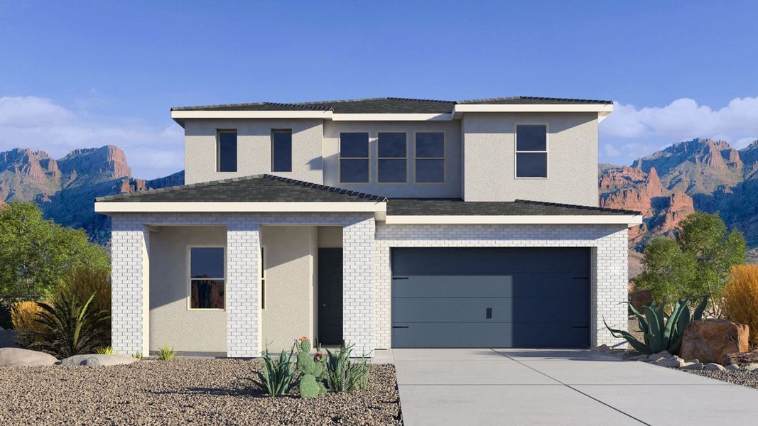 Front exterior of a new home in Aloravita, Peoria, AZ, highlighting curb appeal (Image 1). Front exterior of a new home in Aloravita, Peoria, AZ, highlighting curb appeal (Image 1).