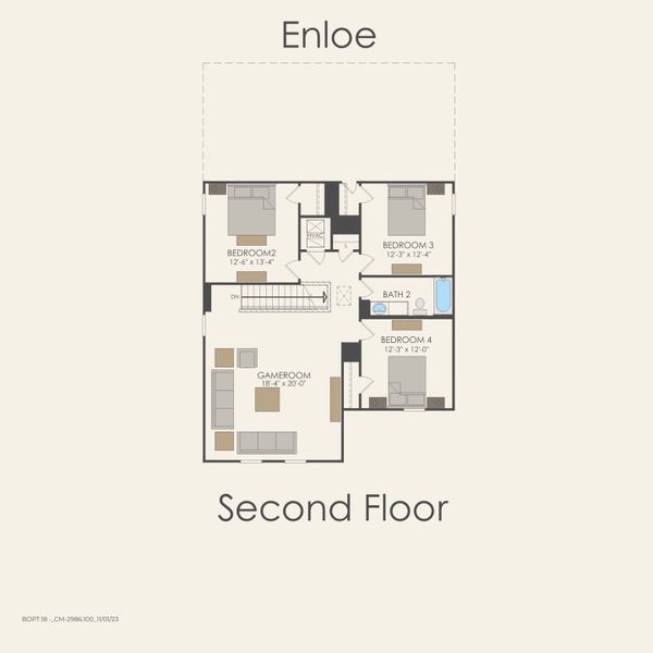 2D floor plan layout for the Enloe by Pulte Homes in La Cima, San Marcos, TX (Image 4).