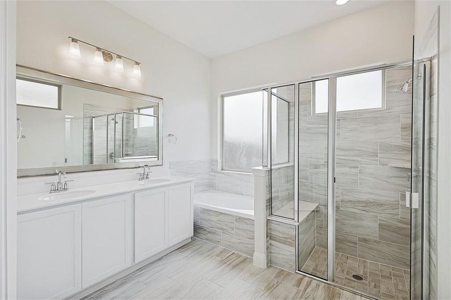 Bathroom with vanity and independent shower and bath