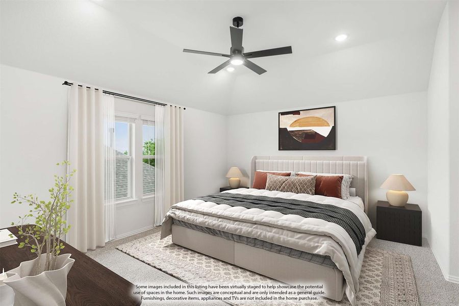 Bedroom with king bed, ceiling fan, carpet flooring, and large window with white curtains Bedroom with king bed, ceiling fan, carpet flooring, and large window with white curtains