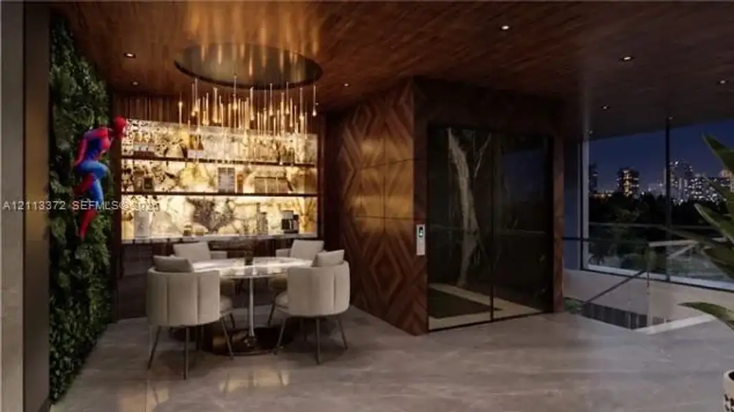 Wood-paneled ceilings, integrated backlighting, vertical interior garden wall, floor-to-ceiling glass enclosure, and stone-finish flooring