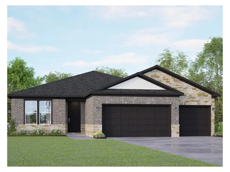 Front exterior of a new home in The Reserve at Potranco Oaks, Castroville, TX, highlighting curb appeal (Image 1). Front exterior of a new home in The Reserve at Potranco Oaks, Castroville, TX, highlighting curb appeal (Image 1).