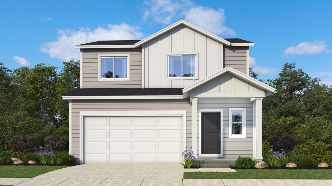 Representative exterior photo of a completed home built from the Aria by Brightland Homes in Granary, Johnstown, CO (Image 1). Representative exterior photo of a completed home built from the Aria by Brightland Homes in Granary, Johnstown, CO (Image 1).