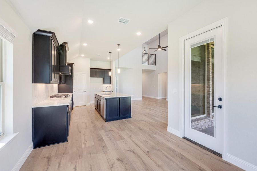 Open kitchen with dark cabinets, center island, light wood floors, and glass door leading outside Open kitchen with dark cabinets, center island, light wood floors, and glass door leading outside