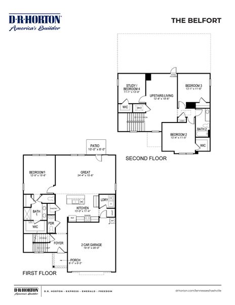 2D floor plan layout for the BELFORT by D.R. Horton in Nexus North, Gallatin, TN (Image 3).