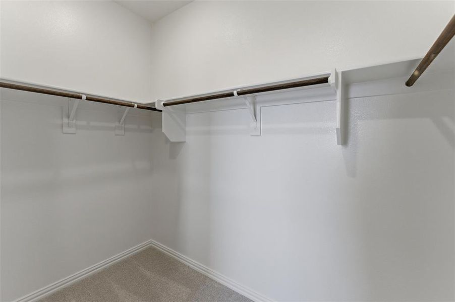 Walk-in closet featuring light-toned carpeting, white baseboards, and built-in white shelving with wood-finish hanging rods