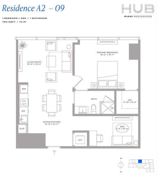 2D floor plan layout for the Residence A2 09 by The John Buck Company in HUB Miami, Miami, FL (Image 1).