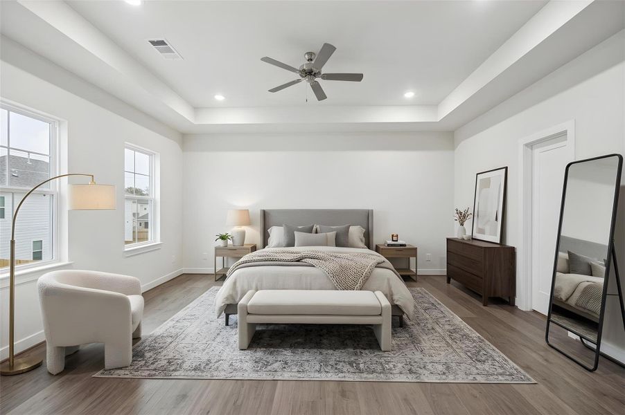 primary bedroom w. large walk in closet, tray ceilings.