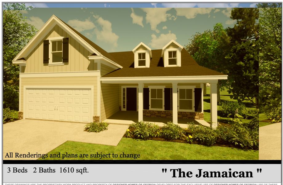 Representative exterior photo of a completed home built from the Jamaican by Designer Homes of Georgia in Austin Heights, North Augusta, SC (Image 1). Representative exterior photo of a completed home built from the Jamaican by Designer Homes of Georgia in Austin Heights, North Augusta, SC (Image 1).