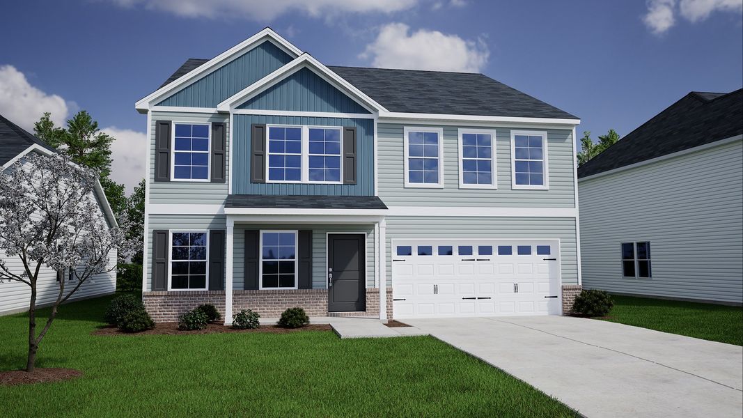 Representative exterior photo of a completed home built from the Warren - Genesis Value Collection by Mungo Homes in Meadows at Lilah Grove, Summerfield, NC (Image 8).