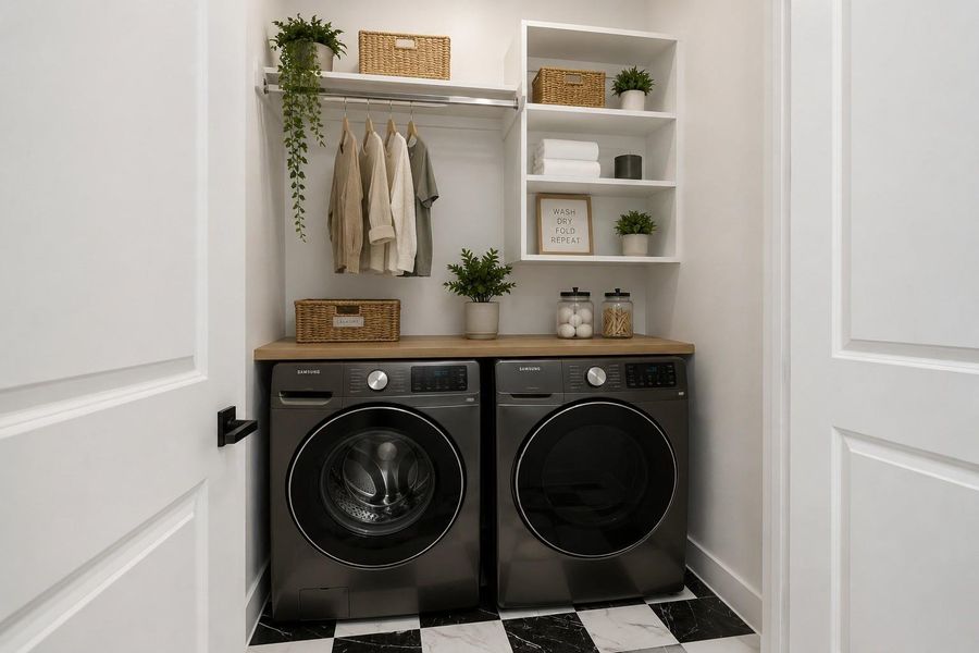 Laundry room featuring bold black-and-white checkerboard tile, showcasing thoughtful designer details throughout. Appliances and decor digitally added for illustration purposes.