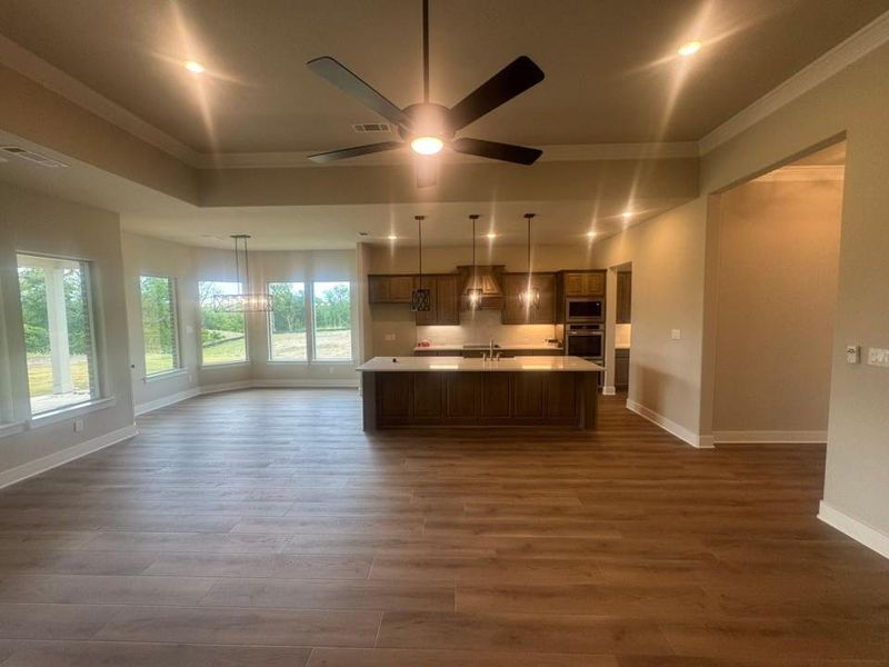 Open-concept living space with wood-finish flooring, recessed lighting, and a ceiling fan
