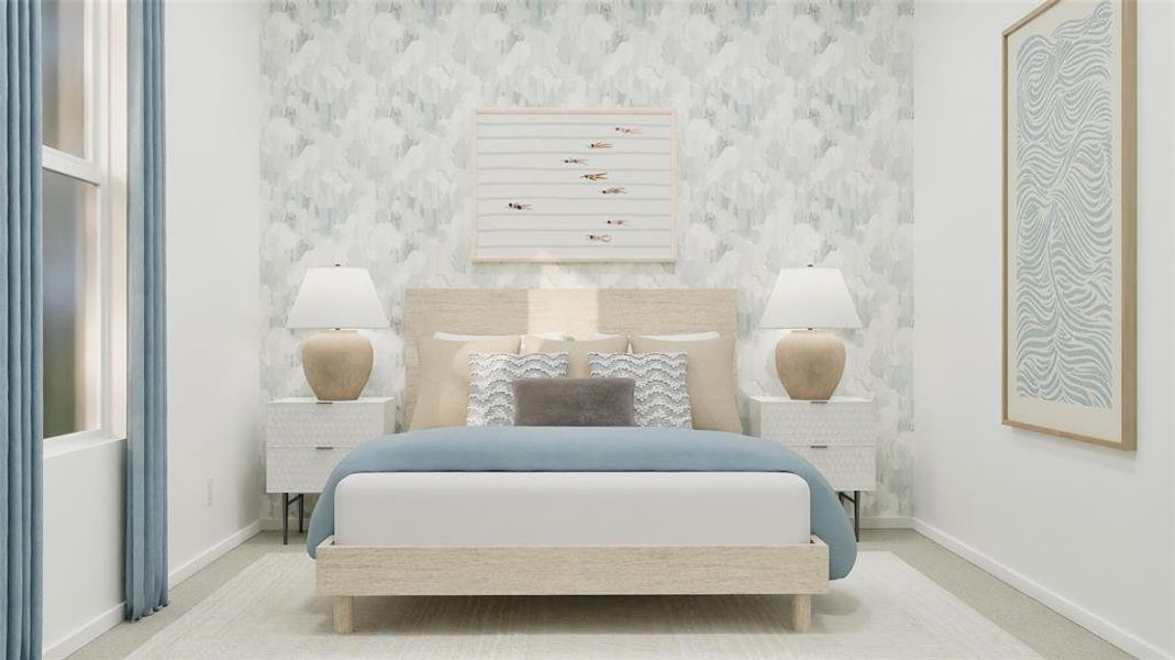 Carpeted bedroom with wallpapered walls Carpeted bedroom with wallpapered walls