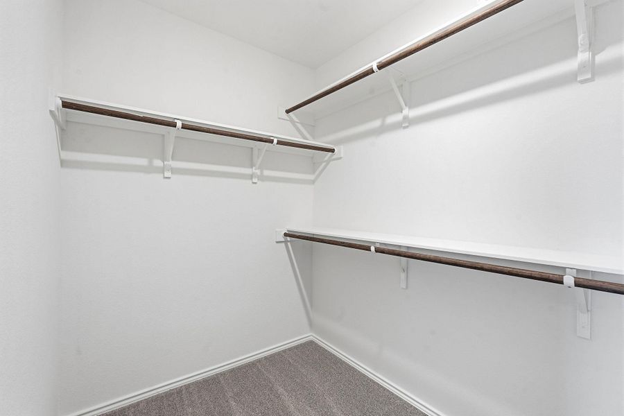 Spacious walk-in closet featuring white shelving with integrated hanging rods and gray carpet flooring Spacious walk-in closet featuring white shelving with integrated hanging rods and gray carpet flooring