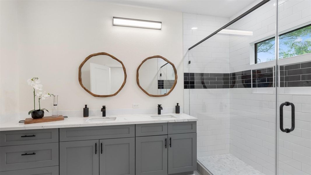 Upstairs bathroom with oversized showeer.