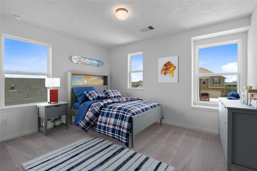 Secondary bedroom features plush carpet, custom paint and a large window.