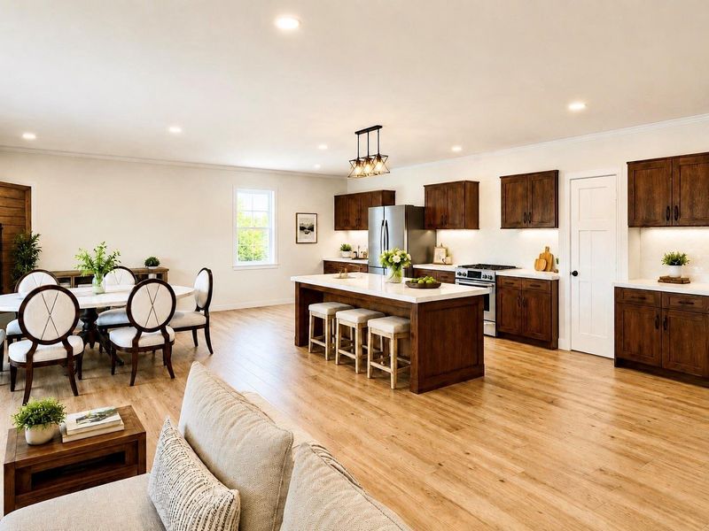 The planned open-concept kitchen, dining, and living area at 6671 Nielan St is designed with a bright, modern layout that connects the main living spaces. * Photo rendering shown as home is currently under construction | Final appearance may vary * The planned open-concept kitchen, dining, and living area at 6671 Nielan St is designed with a bright, modern layout that connects the main living spaces. * Photo rendering shown as home is currently under construction | Final appearance may vary *