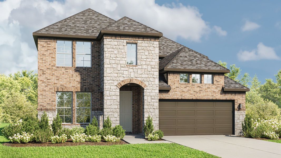 Representative exterior photo of a completed home built from the Elm by DRB Homes in Westridge Premier, McKinney, TX (Image 6). Representative exterior photo of a completed home built from the Elm by DRB Homes in Westridge Premier, McKinney, TX (Image 6).