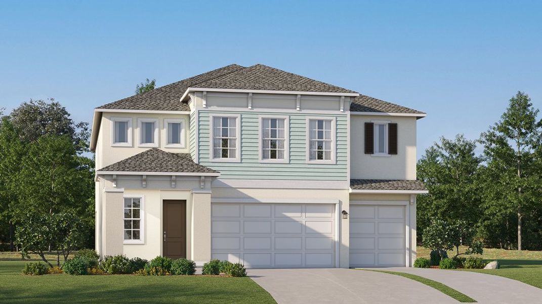 Front exterior of a new home in Two Rivers, Zephyrhills, FL, highlighting curb appeal (Image 1). Front exterior of a new home in Two Rivers, Zephyrhills, FL, highlighting curb appeal (Image 1).