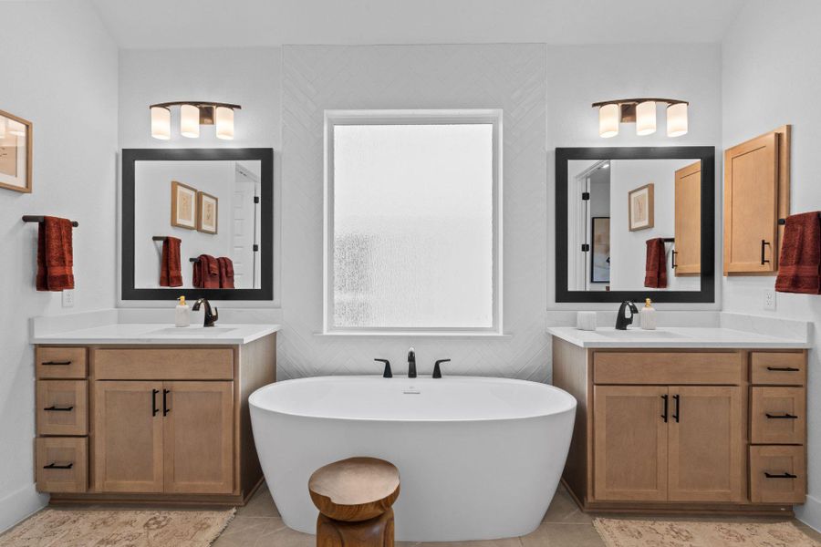 Primary Bath retreat with dual vanities & garden tub