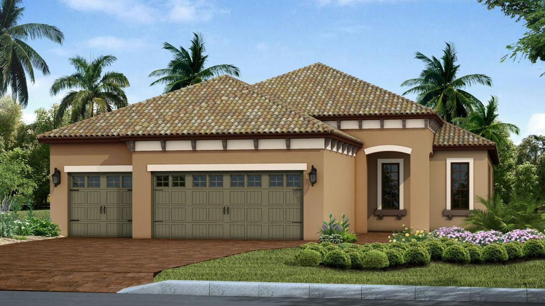 Front exterior of a new home in Boca Royale Golf & Country Club Real Estate and Homes for Sale in Englewood, FL - Neal Communities, Englewood, FL, highlighting curb appeal (Image 2).