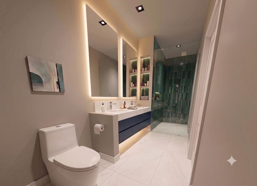 Polished tile flooring and clean lines define this contemporary primary bathroom retreat.
