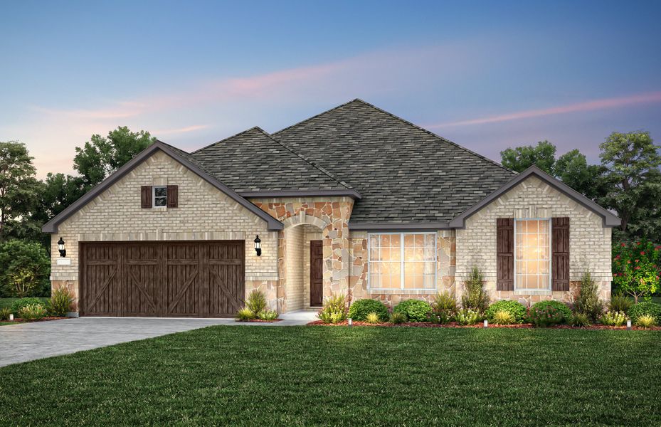 The Northlake, a one-story home with shutters and 2-car garage, shown with Home Exterior D