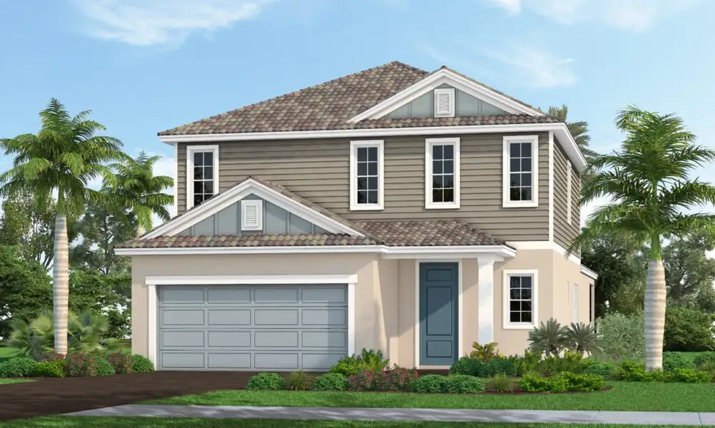 Front exterior of a new home in Windward, Lakewood Ranch, FL, highlighting curb appeal (Image 1). Front exterior of a new home in Windward, Lakewood Ranch, FL, highlighting curb appeal (Image 1).