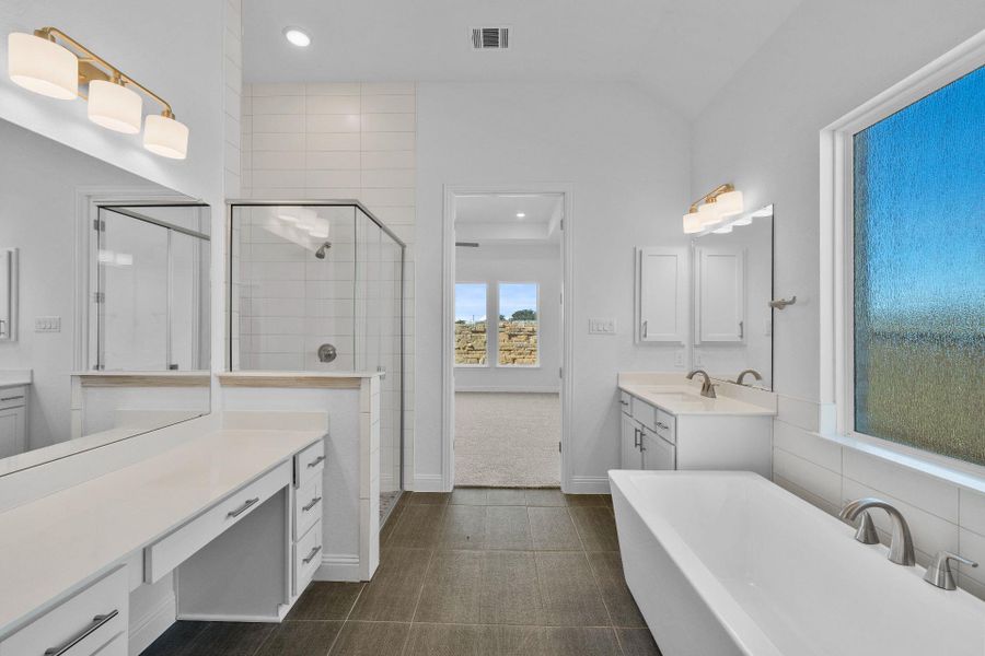 Primary Bath retreat with dual vanities, soaking tub & walk-in shower