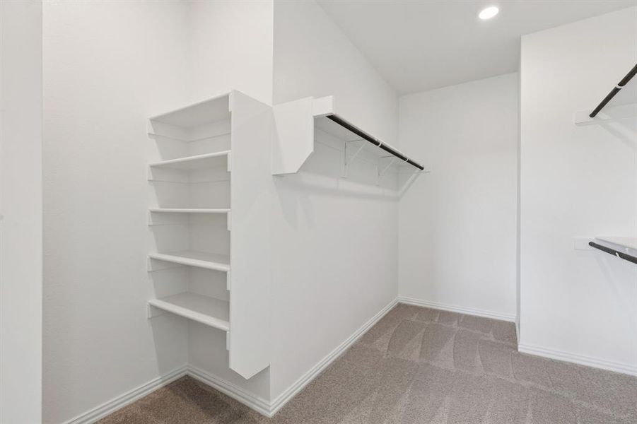 Walk in closet featuring light carpet Walk in closet featuring light carpet