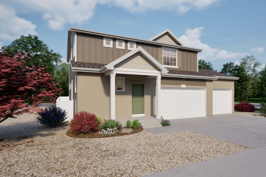 Front exterior of a new home in Reunion, Commerce City, CO, highlighting curb appeal (Image 1). Front exterior of a new home in Reunion, Commerce City, CO, highlighting curb appeal (Image 1).