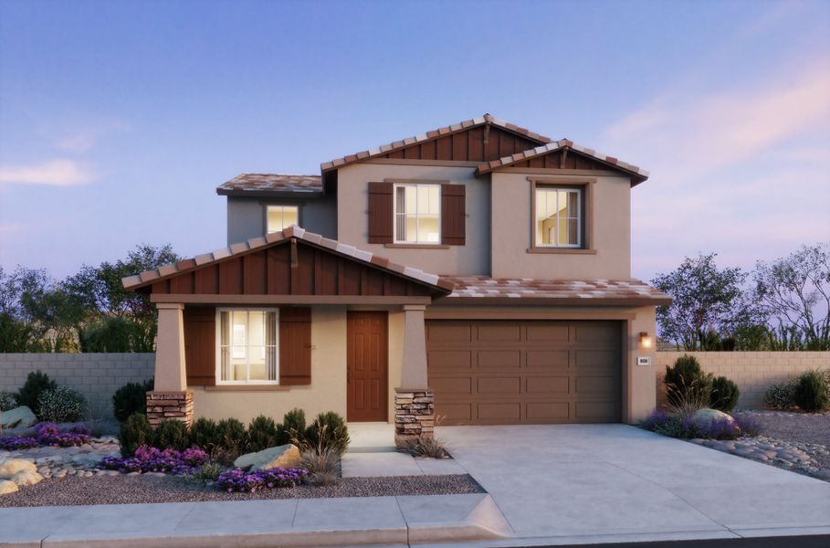 Representative exterior photo of a completed home built from the 3506 by Risewell Homes in The Villas Collection at Frontera, Surprise, AZ (Image 1). Representative exterior photo of a completed home built from the 3506 by Risewell Homes in The Villas Collection at Frontera, Surprise, AZ (Image 1).