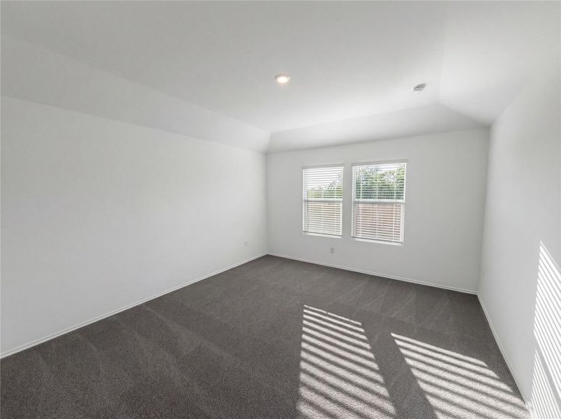 Spare room with dark carpet and vaulted ceiling
